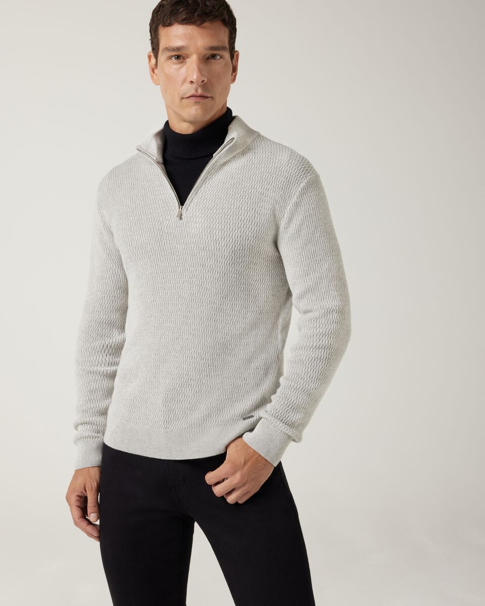 Funnel neck long sleeve knit with honeycomb texture detail, Grey Marle, hi-res